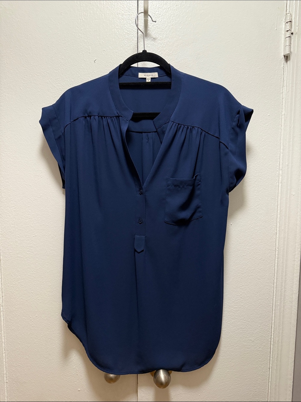 Pleione Navy Short Sleeve Split-Neck Blouse